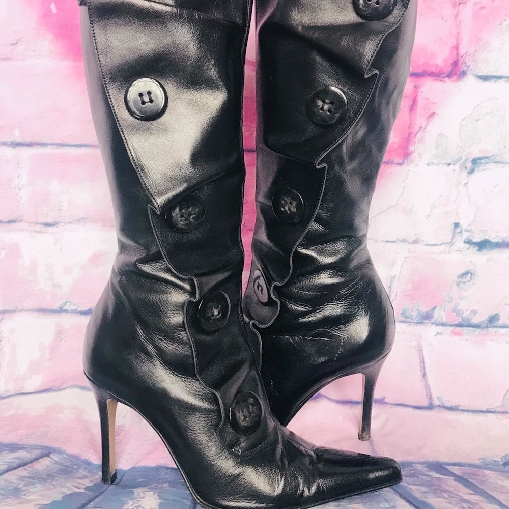 Andrew Stevens leather Boots Made in ITALY Romantic Ruffle Edge side Buttons